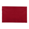 A red cotton tea towel with a smooth surface, featuring a logo in the corner.