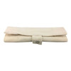 A bamboo utensils set wrapped in a beige fabric case with a button closure. Includes various cutlery pieces.