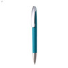 A plastic pen in a teal colour with a silver clip and tip, featuring a logo on the clip.