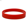 A red silicone wristband with a smooth surface and circular design, featuring a branding logo.