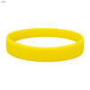 A yellow silicone wristband with a smooth finish and a circular shape, featuring a logo.