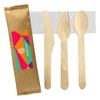 A wooden cutlery set featuring a knife, fork, and spoon, packaged in a brown wrap with a logo.