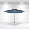 A square market umbrella in navy blue with a central pole and a base, featuring a logo on the canopy.