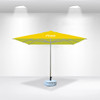 A yellow 2x2m square market umbrella with a central pole and a weighted base, featuring a logo.