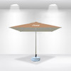 A 3x3m square commercial market umbrella in beige with a metallic frame and a base.