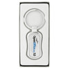 A silver keychain with a rounded rectangular design inside a white box, featuring a logo.