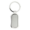 A silver keychain with a smooth, elongated rectangular design and a metal ring.