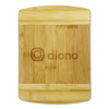A bamboo cutting board featuring a smooth surface with a light brown hue and a logo.