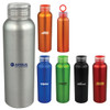 A drink bottle collection featuring aluminium bottles in silver, orange, green, red, and black, each with a screw-on cap and logo.