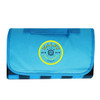 A blue picnic blanket with a folded design and a circular logo in the centre.