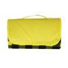 A yellow picnic blanket with a black and yellow checkered pattern, featuring a carrying handle on top.