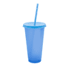 A drink bottle in blue with a straw and an attached lid, featuring a logo.