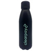 A drink bottle in black with a silver logo, featuring a sleek, curved design and a secure cap.