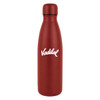A drink bottle in a matte red finish, featuring a sleek design and a logo.
