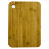 A large bamboo cutting board with a rounded corner and a hole for hanging. The board features a natural wood grain pattern.