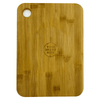 A large bamboo cutting board with a round hole, featuring a logo in the centre. The board has a natural wood finish.