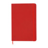 A red A5 notebook with a matching elastic closure and a ribbon bookmark, featuring a simple design.