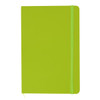 A green A5 notebook with a textured cover and an elastic band closure, featuring a branding logo.