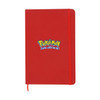 A red A5 notebook featuring a logo on the cover, with an elastic closure.