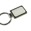 A rectangular silver keychain with a polished finish and a blank insert area for customisation, featuring a metal ring.