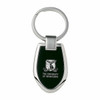 A keychain with a silver metal finish and a black shield-shaped pendant featuring a logo.