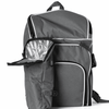 A grey picnic backpack with insulated sections and a front pocket, featuring decorative white trim and straps.