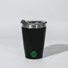A black tumbler with a stainless steel rim and a lid, featuring a logo on the front.