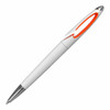 A plastic pen in white with an orange accent and a chrome tip, featuring a logo.