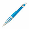 A blue plastic pen with a silver grip and clip, featuring a patterned design, and a branding logo.