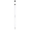 A white metal pen with a black tip and a logo on the body.