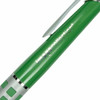 A green metal pen featuring a silver clip and a logo on the barrel.