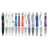 A collection of metal pens in various colours, featuring different designs and a logo on each pen.