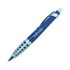 A blue metal pen with a patterned grip and a silver clip, featuring a logo on the barrel.