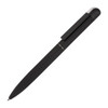A black metal pen with a sleek design and silver accents. It features a clip and a branding logo.