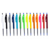 A collection of plastic pens in various colours: white, grey, blue, green, yellow, orange, pink, and red. Each has a logo.
