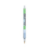 A green and clear plastic pen with a grip, featuring a branding logo.