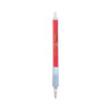 A red pen with a grip and a clear barrel, featuring a logo on its side.