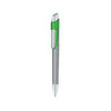 A metal pen with a silver body and green accents, featuring a clip and a branding logo.