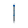 A silver metal pen with a blue top and a logo on its barrel.