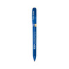 A blue metal pen with a transparent body and a gold clip. Features branding on the barrel.