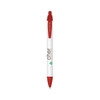 A red and white Eco Widebody Pen featuring a logo, designed for writing.