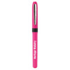 A pink pen with a sleek design and a logo. Features a stylish clip on the side.
