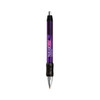 A purple metal grip pen with a black rubber grip, featuring a logo on the barrel.