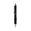 A black retractable pen with a textured grip and metallic accents, featuring a logo on the barrel.