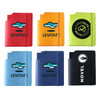 A collection of six Leatherette Small Covers in red, orange, green, blue, navy, and black, each with a logo.