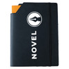 A black leatherette notebook cover with an orange insert and a logo on the front, featuring an elastic strap.