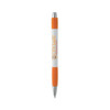 A white pen with orange accents and a textured grip. It features a logo on the barrel.