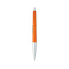 A metallic pen with an orange upper section and a white, textured lower section, featuring a logo.