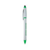 A silver stylus highlighter pen combo with green accents and a branding logo.