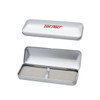 A brushed metal gift box in silver, featuring a soft interior and a logo. Ideal for pen packaging.